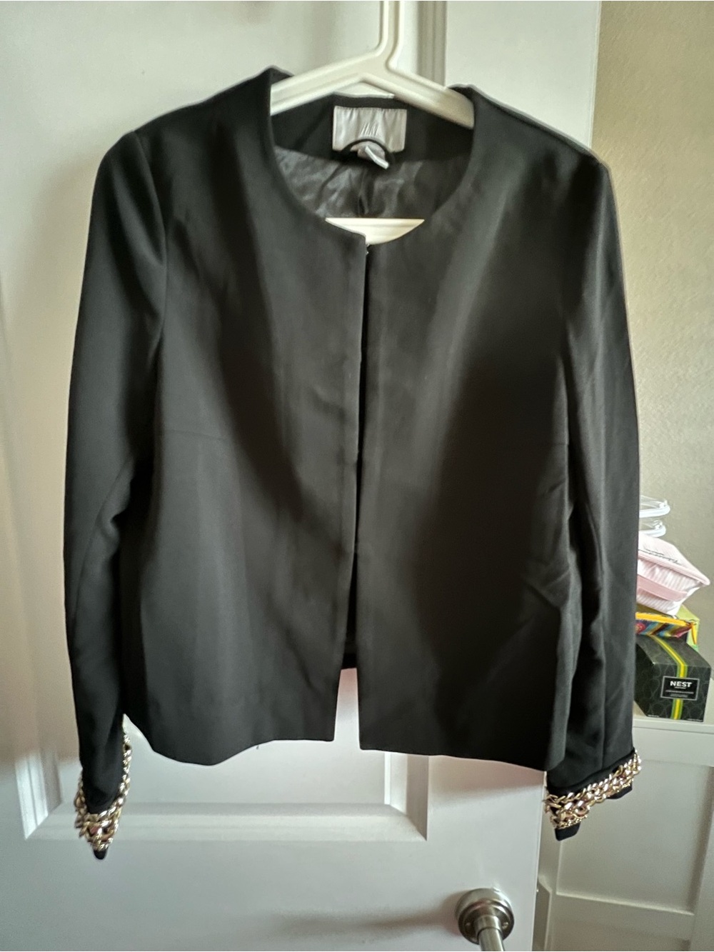 H&M Black Collarless Jacket with Chain Trim Cuffs